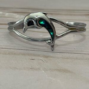 Blue Abalone Dolphin Cuff Silver Tone Bracelet Small Size Unmarked